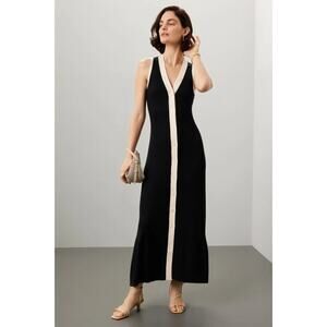 SANDRO Gabriel Dress Maxi Black Beige Button Placket Stretch, Size EU 40